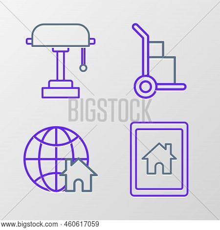 Set Line Tablet And Smart Home, Globe With House Symbol, Hand Truck Boxes And Lamp Icon. Vector