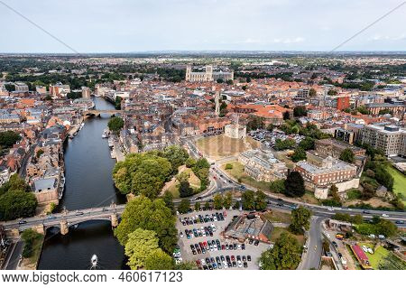 York, Uk - August 28, 2022.  An Aerial Panoramic Landscape Of The River Ouse Flowing Through The His