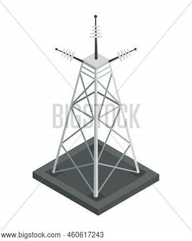 Energy Power Grid Isometric. Power Distribution Element With Wind And High Voltage Electricity Grid 