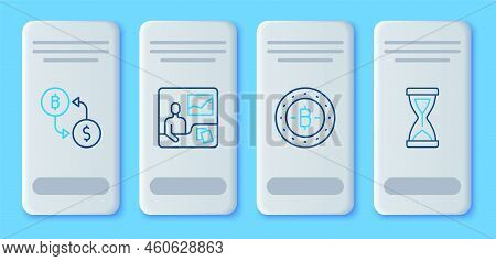 Set Line Trading Courses, Bitcoin, Cryptocurrency Exchange And Old Hourglass Icon. Vector