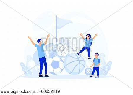 Sport Class Illustration. Kids Doing Various Sports In Physical Education Class At School.