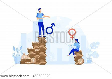 Earnings Gender Discrimination. Man And Woman Getting Different Salary. Flat Vector Illustration. In