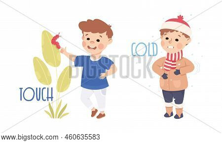 Little Boy Showing Sense Touching Worm Creeping On Leaf And Trembling With Cold Vector Set