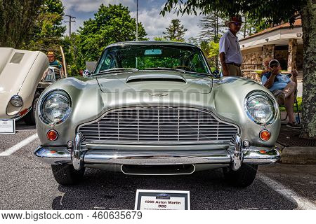 Highlands, Nc - June 11, 2022: Low Perspective Front View Of A 1965 Aston Martin Db5 Hardtop Coupe A