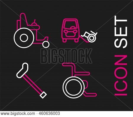 Set Line Wheelchair, Walking Stick Cane, Disabled Car And Electric Wheelchair Icon. Vector
