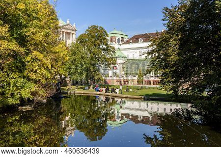 Vienna, Austria - October 2021: Burggarten Park With Butterfly House And Hofburg Palace