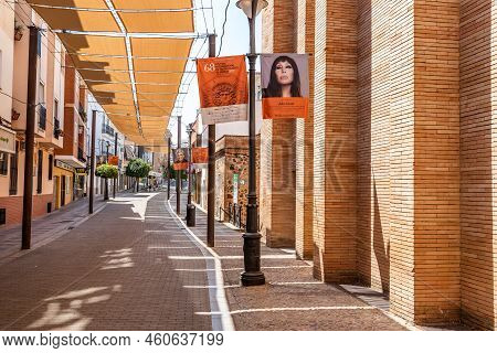 Merida, Spain - July 10, 2022: Typical Street In Historical Centre Of Merida During Summer With Bann