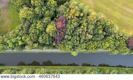 Canal Dessel Schoten Aerial Photo In Rijkevorsel, Kempen, Belgium, Showing The Waterway In The Natur