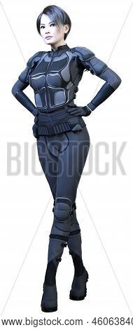 3D Rendering Female Sceince Fiction Warrior On White
