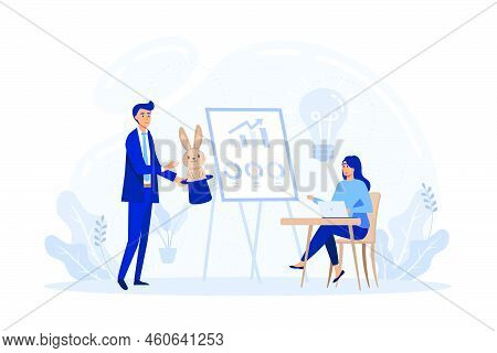 Marketing Trick And Business Magic. Businessman And Businesswoman Characters Perform Stunt With Rabb