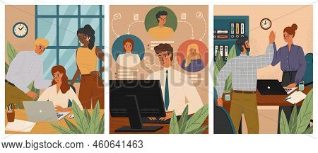 Happy Colleagues Work Together In Office. Business Teamwork Vector Posters Set. Colleagues Congratul