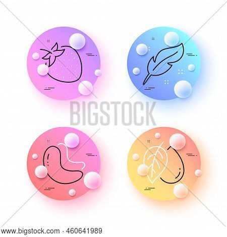 Feather, Mineral Oil And Cashew Nut Minimal Line Icons. 3d Spheres Or Balls Buttons. Strawberry Icon