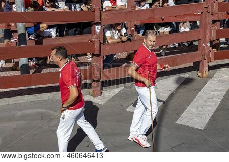 Running Of The Bulls. Bulls. Bull Runs. Encierro That Is Celebrated In The Town Of San Sebastian De 