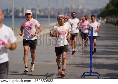 Istanbul, Turkiye - June 18, 2022: People Running In Colors During Color Run Maltepe 7k Run
