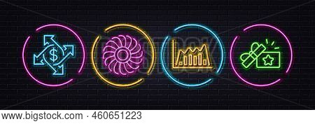 Fan Engine, Payment Exchange And Infographic Graph Minimal Line Icons. Neon Laser 3d Lights. Loyalty