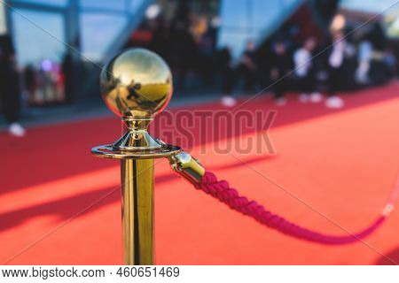 Red Carpet With Ropes And Golden Barriers On A Luxury Party Entrance, Cinema Premiere Film Festival