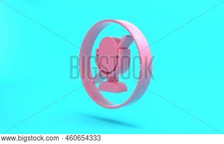 Pink Mute Microphone Icon Isolated On Turquoise Blue Background. Microphone Audio Muted. Minimalism 
