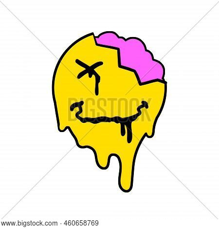 Acid Smile Face With Brain. Melted Rave And Techno Symbol Of 90s. Trendy Psychedelic Print