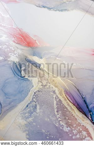 Aabstract Fluid Art Painting In Alcohol Ink Technique, Mixture Blue, Red And Gold Paints. Frozen Pai