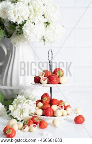 White Chocolate Covered Strawberries, Fresh Strawberries And White Floweers