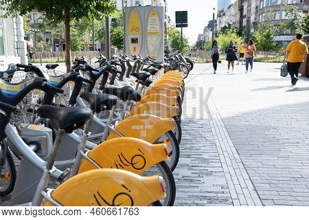 Brussels, Belgium - June 02, 2022: Public Villo Bicycles Parked In The Sharing