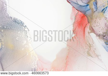 Aabstract Fluid Art Painting In Alcohol Ink Technique, Mixture Blue, Red And Gold Paints. Frozen Pai
