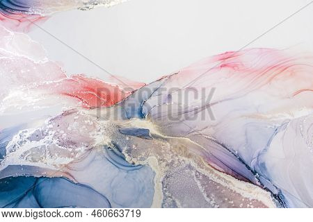 Aabstract Fluid Art Painting In Alcohol Ink Technique, Mixture Blue, Red And Gold Paints. Frozen Pai