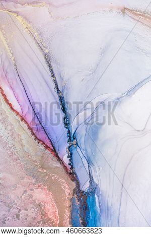 Aabstract Fluid Art Painting In Alcohol Ink Technique, Mixture Blue, Red And Gold Paints. Frozen Pai