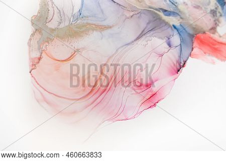 Aabstract Fluid Art Painting In Alcohol Ink Technique, Mixture Blue, Red And Gold Paints. Frozen Pai