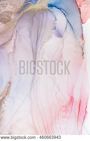 Aabstract Fluid Art Painting In Alcohol Ink Technique, Mixture Blue, Red And Gold Paints. Frozen Pai