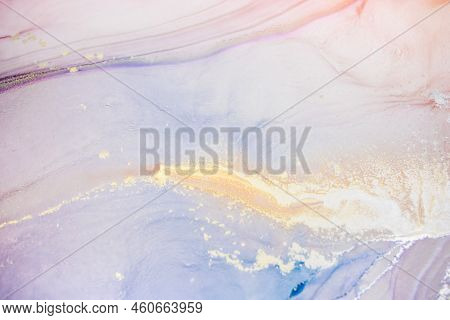 Aabstract Fluid Art Painting In Alcohol Ink Technique, Mixture Blue, Red And Gold Paints. Frozen Pai