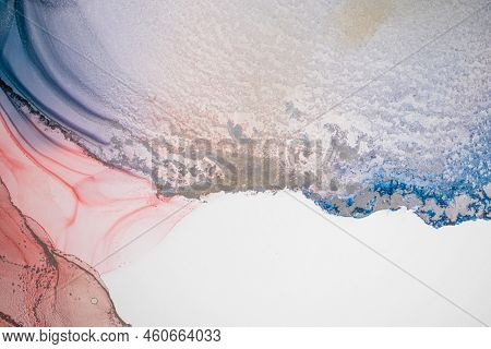 Aabstract Fluid Art Painting In Alcohol Ink Technique, Mixture Blue, Red And Gold Paints. Frozen Pai