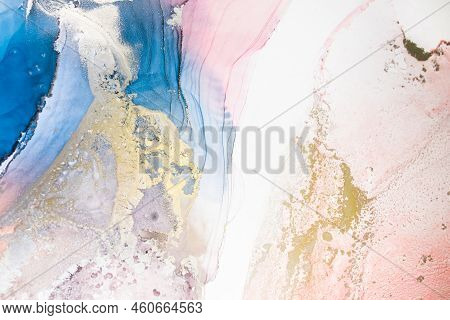 Aabstract Fluid Art Painting In Alcohol Ink Technique, Mixture Blue, Red And Gold Paints. Frozen Pai