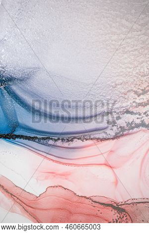 Aabstract Fluid Art Painting In Alcohol Ink Technique, Mixture Blue, Red And Gold Paints. Frozen Pai
