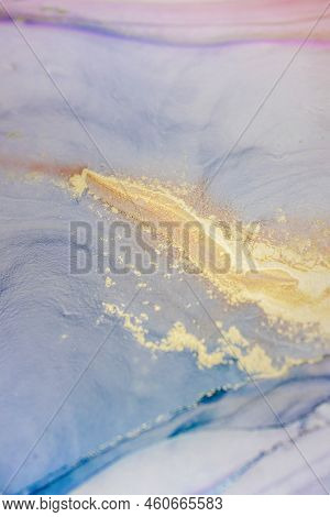 Aabstract Fluid Art Painting In Alcohol Ink Technique, Mixture Blue, Red And Gold Paints. Frozen Pai