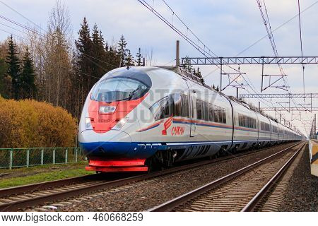 High - Speed Train Sapsan In Autumn . An Article About High-speed Trains. Train Moscow - Saint Peter