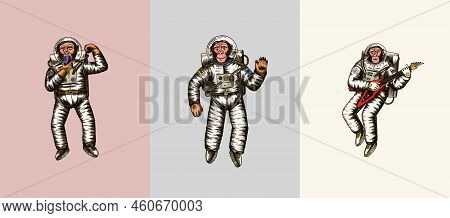 Monkey Astronaut With Guitar. Chimpanzee Spaceman Cosmonaut Characters Set. Astronomical Galaxy Spac