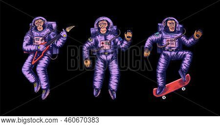 Monkey Astronaut With Guitar, Skateboard. Chimpanzee Spaceman Cosmonaut Characters Set. Astronomical