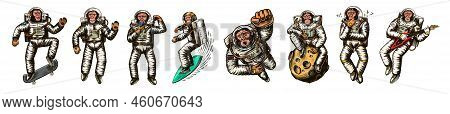 Monkey Astronaut With Whale, Guitar, Skateboard And Moon. Chimpanzee Spaceman Cosmonaut Characters S