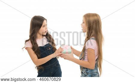 Sister Rivalry. Greedy Kids Concept. Share Gift With Friend. Children Envy Gift. She Dont Want To Sh