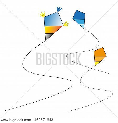 Cartoon Ribbon With Colorful Flying Kites. Colorful Background. Vector Illustration. Stock Image.