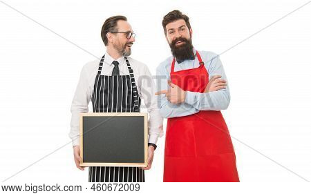 Menu Planning. Happy Chef Team In Apron. Bearded Men With Blackboard, Copy Space. Catering Business.