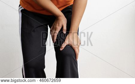 Woman Hand Massage Physiotherapy Her Knee Is Sore And Numb, Exhausted, Tingling. Guillain-barre Synd