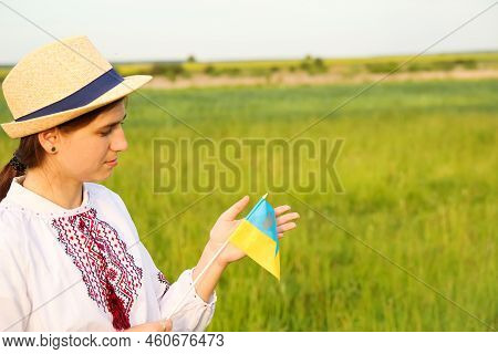 Defocus Young Ukrainian Woman Portrait. Meadow Nature Background. Showing Ukrainian Flag. Smiling Uk