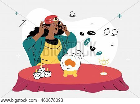Fortune Teller Concept. Woman Predicts Future, Soothsayer With Magical Ball, Witch And Spirits, Clai