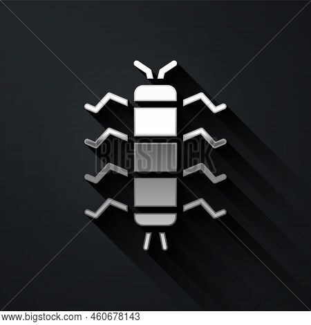 Silver Centipede Insect Icon Isolated On Black Background. Long Shadow Style. Vector