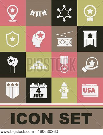 Set Usa On Browser, Independence Day, American Flag, Hexagram Sheriff, Head, Police Badge, And Drum 