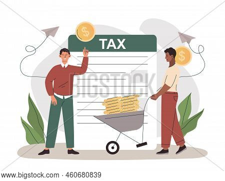 Man Pays Taxes. Ccharacter Shares Part Of Income With State. Financial Literacy And Calculation Of O