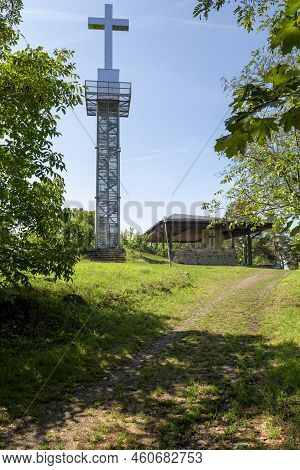 Lookout Tower Or Observation Tower With The Steel Cross On The Top. Levice. Slovakia.