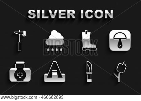 Set Tourist Tent, Mushroom, Marshmallow On Stick, Knife, First Aid Kit, Waterproof Rubber Boot, Hamm